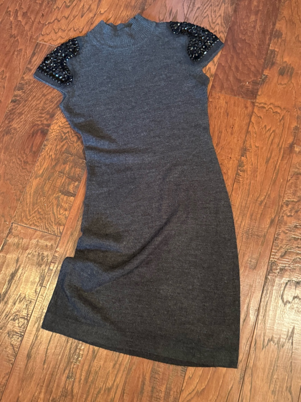 AB Studio Charcoal Gray Knit Mini Dress with Beaded Shoulders
